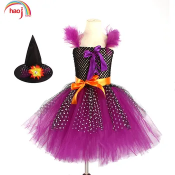 2-12 Ani Halloween Fete Rochie Tutu Mov de Vrajitoare Cosplay Costum Copii Plasă de Costum, cu Pălărie