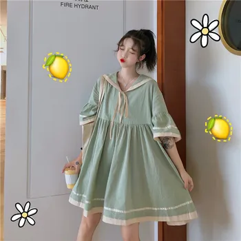 2021 Vara Coreea Moda Drăguț Bleumarin Guler Rochie Pentru Femei Casual Anime Super Supradimensionat Maneci Scurte Talie Mare, Solid Rochii