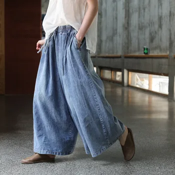 2022 Doamnelor Denim Drop Crotch Jeans Pantaloni Retro Cu Picior Vrac Elastic Talie Pantaloni Pentru Femei De Vară Albastru Nou 2022