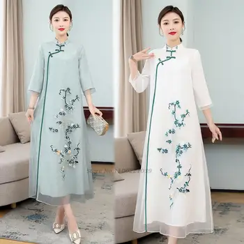 2022 chineză tradițională cheongsam femei elegante rochie de șifon național de broderie flori îmbunătățit qipao oriental rochie de epocă