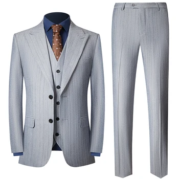 2023 Boutique (Sacou+ Vesta + Pantaloni) de Moda pentru Bărbați Slim Domn Versiunea coreeană Stil European cu Dungi Barbati Costum 3 Piese