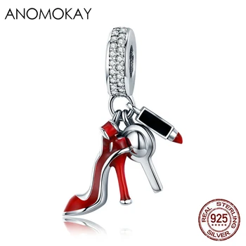 Anomokay 100% 925 de Argint Sterlină Femei Pantofi Roșii Ruj Pandantiv Charm se potrivesc Brățară Farmec Rosu Legăna DIY Bijuterii Femei Cadou