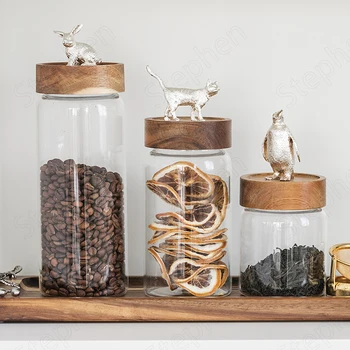 Argint placat cu Animale de Sticla Decorativa, Sticla Creative Nordic Modern din Lemn Acoperi Bomboane Gustare de Depozitare Borcane cu Capac de Cereale Distribuitor