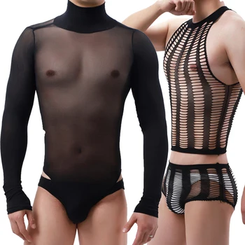 Barbati Mesh Bodysuit Catsuit Lingerue Seturi Negru Transparent Erotic Teddies de Înaltă Gât cu Maneci Lungi Salopeta Clubwear Sexy Costume