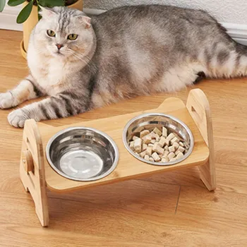 Cat Castron Dublu Boluri pentru Pisici Hrana Proteja Gâtul Mâncare de Pisici Castron Răsturnat Reglabil Pisici Boluri Cadru de Bambus Pet Food Container