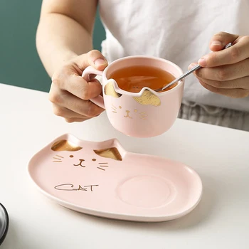 Ceramica Ceașcă de Cafea Seturi de Desene animate Pisica Model Ceai Farfurie de Desert Tinuta Creative Drăguț si Farfurie Set Da Lingură