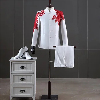 Chineză tunica costum pentru bărbați roșu paiete sacouri costume chorus alb stand guler broderie gazdă cantareata abiti da cerimonia uomo