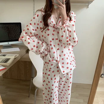 Dantela Mici de Căpșuni Dulce de Bumbac Vrac Pijamale Femei Costum Drăguț coreeană Acasă Costum Roz Vrac Volane Cămașă și Pantaloni Lungi 2021