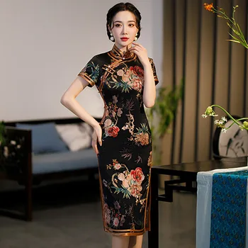 De Bună Calitate Chineză De Moda De Epocă Cheongsam Femei Slim Midi Rochii De Seara Eleganti Qipao Vara China Tradițională Haine