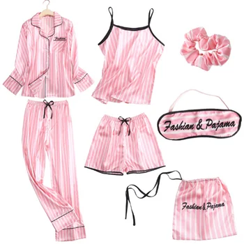 Discount noul Roz Femei de 7 Piese Seturi de Pijamale de Mătase Faux cu Dungi Pijama Femei, Pijamale Seturi de Primavara Vara Toamna Homewear