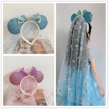 Disney Alba ca Zapada Urechi Mickey Mouse Voal pe Bentita Copii Sequin Arc Coroana Nisip Parc Pălării de Partid Dress Up Cadouri pentru Fete