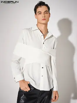 Elegant Streetwear Stil Topuri INCERUN Bărbați Furculita Design Fals Două Bluza de Culoare Solidă de Moda Casual sex Masculin Camasi cu Maneca Lunga S-5XL