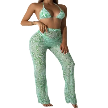 FS Sexy Femei Verde Adânc V Bikini Set Halter Lace Up Costum de Baie cu Print Floral Costume de baie din Trei Piese Pentru Doamna 2022 Noi Sosiri