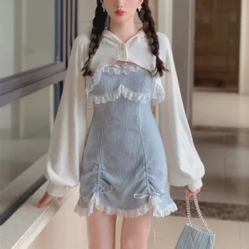 Femeie Dulce Lolita Rochie Kawaii Dantelă Papion Roz Albastru Rochie Mini Stil Japonez De Sex Feminin Fusta Tricotate Pulover Rochie De Printesa