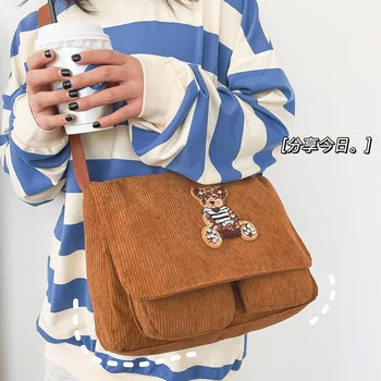 Femeile uri vintage urs drăguț geantă de umăr Fata student catifea sac de mesager coreean geanta casual