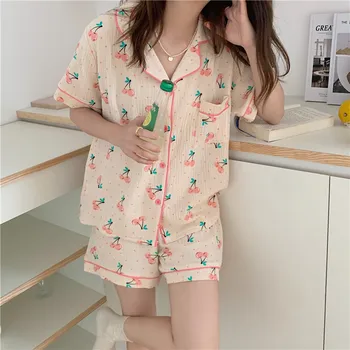 Kawaii Roz Casă De Vară Costum Womenn Cherry Print Coreean Pijama Set Tricouri + Pantaloni Scurți Set De Două Piese Pijamale Largi, Din Bumbac Vintage