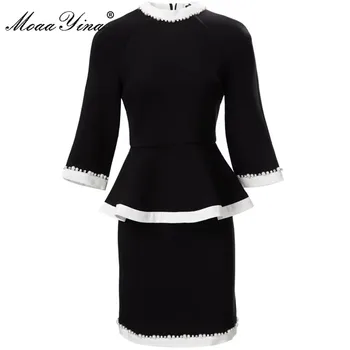 MoaaYina Designer De Moda Primavara Negru Fuste Costum De Femei Maneca 3/4 Ștrasuri Din Mărgele Ciufulit Top + Fusta Scurta Set De Doua Bucati