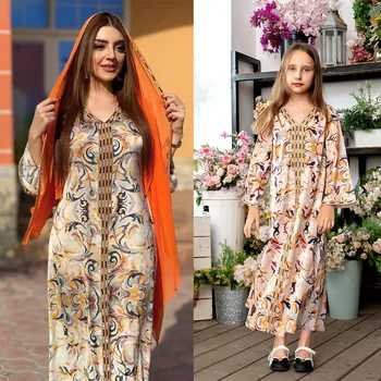Noua Moda arabă Femei Rochie de Muselină cu Maneci Lungi V-neck Pulover Vrac Florale Mozaic Elegant Chic Mid-est Doamna Rochie de Muselină