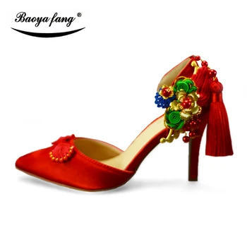 Noua culoare Roșie Sandale de Vara pentru Femei pantofi de Nunta 8 cm toc subțire pantofi de partid a subliniat toe femeie pantofi rochie China stil ciucure