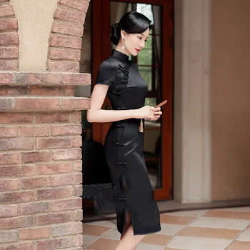 Noul Stil Chinezesc Femei De Vară Mătase Neagră Epocă Tradiționale Qipao Rochie Plus Dimensiune Cosplay Elegant Cheongsam Rochii De Îmbrăcăminte