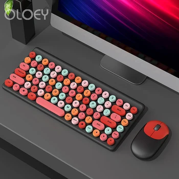 OLOEY 87keys 2.4 G Wireless Keyboard Mouse-Set de Amestecat Bomboane de Culoare Rotund Keycap și Mouse-ul Pieptene pentru Laptop Notebook PC Fetele Cadou