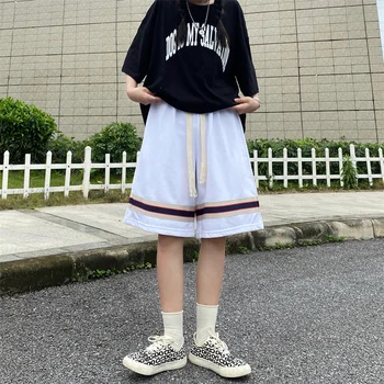 Omule Femei pantaloni Scurți Harajuku Dungi Design Simplu Cupluri Casual Capris de Vara pentru Femei Talie Mare Libertate Picior Drept Pantaloni Largi