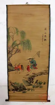 Rare Vechi Chinez QingDyansty Scroll pictura,Pescar,modele deosebite,sculptate manual,Vechi,transport gratuit