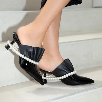 Roni Bouker Noua Moda Femei din Piele Neagră Catâri Pantofi Femeie de Lux Pearl Tocuri inalte Femei de Seara cu Toc Pantofi Picătură Navă
