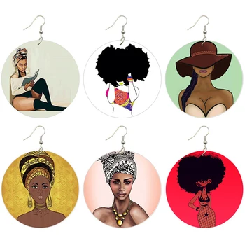 SOMESOOR Afro Headwrap Femeie Sexy Lady Lemn Picătură Cercei Ambele Părți Tipărite Negru Modele de Artă Pandantiv Legăna Pentru Femei Cadouri