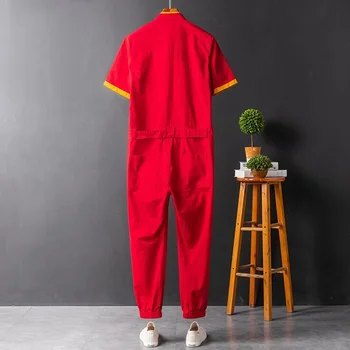Stil Chinezesc Mens Salopete Cu Maneci Scurte Vintage Singur Cu Pieptul Roșu, Pantaloni De Vară Stil Safari Salopete Hip Hop Salopetă