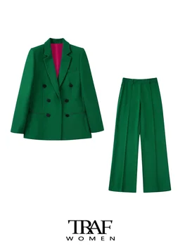 TRAF de Moda pentru Femei Dublu Breasted Verde Sacou Haina Și Talie Înaltă, cu Fermoar Lateral Pantaloni sex Feminin, Două Seturi de Piese Mujer