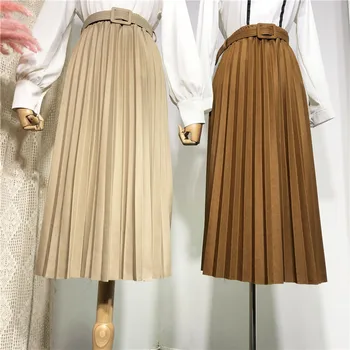 Talie Inalta Femei Fusta Casual Vintage Solid Cu Centură Plisate Fuste Midi Lady 9 Culori De Moda Simplu Saia Mujer Faldas
