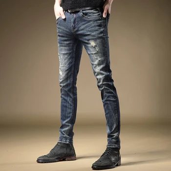 Toamna Noi Bărbați Albastru Rupt Blugi de Moda Direct Slim Fit Pantaloni Stil coreean Dificultate Denim Pantaloni