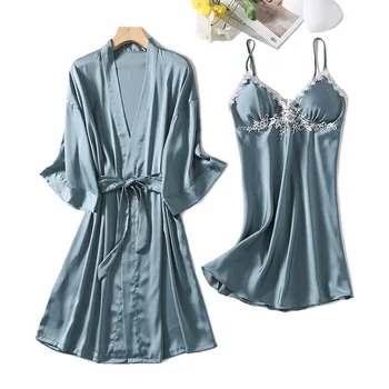 Tulin Moda Albastru Faux Halat de Mătase Set Sexy Trim Rochie Kimono pentru Femei Set de Vara Set de Dormit de sex Feminin 2 BUC Sleepwear Haine de Acasă
