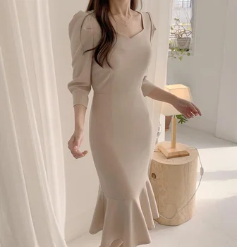 Vestido De Mujer Coreean Chic Elegante Toamna Subțire Talie Mare Piața De Guler Maneca Lunga Rochie Sirena Femei Halat Femme Solid