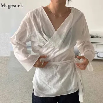 Vintage Coreea Respirabil V-neck Maneca Lunga de Auto-reglementare Tricou Femei Slim Eșarfe Lega Solid Vedea Prin Bluza Blusas 11675