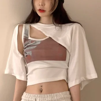 Y2k Maneci Scurte Culturilor Topuri Doamnelor coreean 2022 Femeie Sexy Decrosata Scurte T-shirt+Chic Tipărite Curea Dubla Vesta Casual 2 Bucata Set