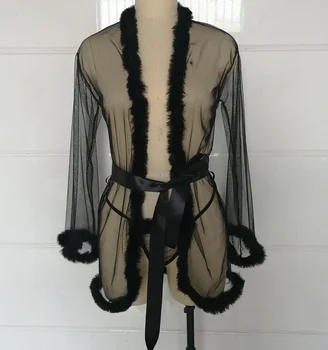 hirigin Noua Moda 3Pcs/Set Femei Lenjerie Sexy cu Maneci Lungi de Pluș Perspectivă Robe + G-String Seturi +Curea Lenjerie Erotic Seturi