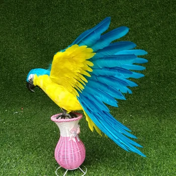 mare nou galben&albastru papagal de jucarie din plastic& pene de simulare pasăre model cadou despre 50x65cm